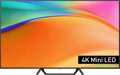 Panasonic TV-65W95BEG 4K Mini LED-sort fjernsyn, tynd metalramme, to sorte omvendte V-formede fødder forbundet, set forfra