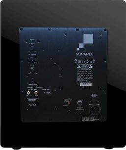 Subwoofer Sonance i8 černý, pohled zepředu, s viditelnými ovládacími prvky a konektory