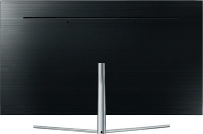Samsung QE65Q7F (2017) TV set set forfra, sort skærm, smal sølvfarvet ramme, centralt metalben i T-form