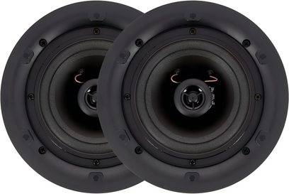 Paar runde, schwarze ArtSound FL502BT Deckeneinbaulautsprecher mit koaxialen Lautsprechern in Vorderansicht