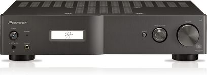 Pioneer A-A6-J stereo hi-fi-forstærker, frontvisning, LCD-display, kontrolknapper og -hjul, hovedtelefon- og phono-stik, sort farve