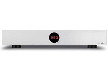 Audiolab DC-BLOCK 6 strømkondisjoneringsenhet sølv med rødt digitalt display "230" i midten og svarte sirkulære føtter