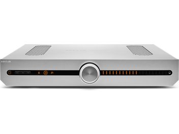 Amplificator hi-fi stereo Roksan Attessa INT Bluos argintiu, față simplă, butoane, ecran LED, grilă metalică perforată