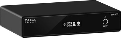Convertitore audio DAC Taga Harmony DA-400 nero, vista frontale, display digitale, ingresso audio, case rettangolare