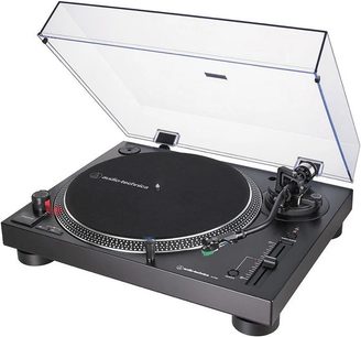 Audio Technica AT-LP120X USB sort pladespiller, set ovenfra med åbent låg, tonearmen til højre