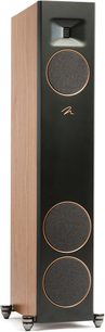 Cassa a colonna Motion F20 con pannello frontale nero, 3 griglie circolari, logo centrale, lati in legno chiaro, piedini neri