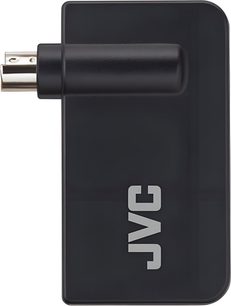 JVC PK-EM2 3D RF-sender, rektangulært sort kabinet, han USB-stik på den korte side, gråt JVC-logo på forsiden