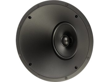 Cassa da incasso a soffitto H65-A v2, vista frontale, forma circolare, superficie nera testurizzata, tweeter centrale a cupola