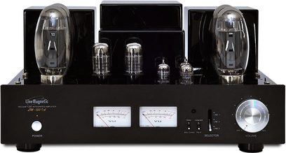 Line Magnetic LM-150IA sort hi-fi rørforstærker, frontvisning, 2 effektrør, 2 forforstærkerrør, knapper og vu-metre