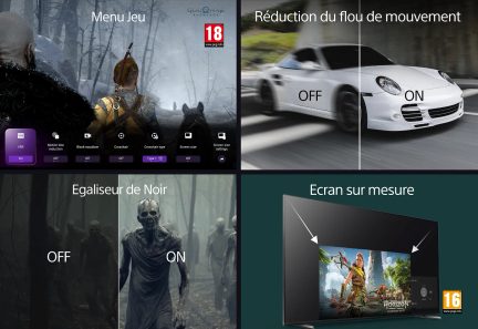Menu med muligheder for VRR, slørreduktion, sort equalizer, tilpasset skærm, hvid bil, videospilkarakter