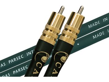 Cardas Parsec black analog RCA audio cable with dual gold-plated RCA plugs close-up view