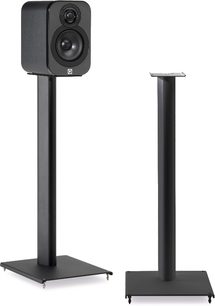 Q Acoustics Q3000ST sort højttaler, rektangulær base, cylindriske blanke søjler, mat rektangulær højttaler