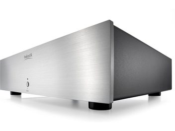 Condizionatore di rete AC-4500 in alluminio con pannello frontale spazzolato argento, pulsante circolare, logo Inakustik e piedini neri