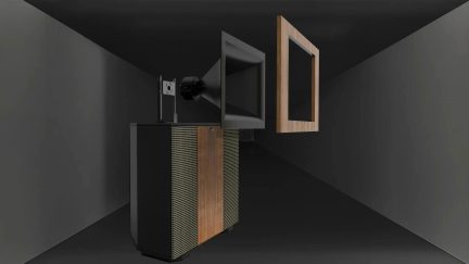 Black Klipsch Jubilee high-fidelity speaker, exploded view with horn and wood finish panels