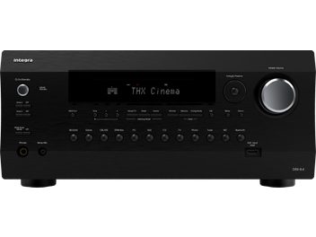 Ampli home-cinéma Integra DRX 8.4 noir, face avant, vue de face, afficheur bleu "THX Cinema", nombreux boutons et prises