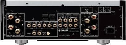 Yamaha A-S1200 sort hi-fi stereoforstærker, frontpanel, frontvisning, stik og knapper, 2 vu-metre, drejeknappper