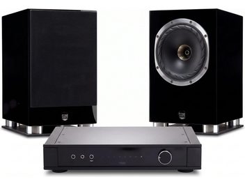 Hi-fi-paket med två svarta Fyne Audio-högtalare, varav en med synligt högtalarelement, och en svart Rega-förstärkare