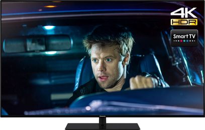 Panasonic TX-43GX600E 4K HDR Smart TV, der viser et nærbillede af en mands ansigt med kort hår og et par dages skæg