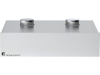 Pro-Ject MC Step Up Box S3 phono preamp silver, silver rectangular casing with two buttons on top