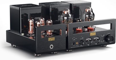 Předzesilovač sluchátek Cayin HA-300MK2 v černé barvě, dvojitý kartáčovaný kovový rám s viditelnými skleněnými trubicemi, měřiče výstupní hladiny, konektory a velký ovládací knoflík na předním panelu, pohled zepředu ze tří čtvrtin