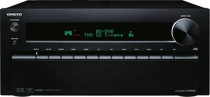 Onkyo TX-NR3010 sort hjemmebiografsforstærker, front, grønt display "THX D3 Cinema 3D", mange knapper og stik