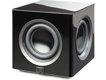Subwoofer MartinLogan Abyss 8 negro lacado, forma cúbica, frontal con altavoz circular y acabado brillante