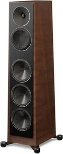 Paradigm Founder 100F floorstanding speaker in walnut finish, 5 round black drivers on dark wood front baffle, 3/4 right front view