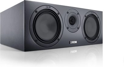 Diffusore centrale Canton GLE 50 Center S2 nero laccato, frontale a 3 vie con due woofer e tweeter centrale visto in prospettiva