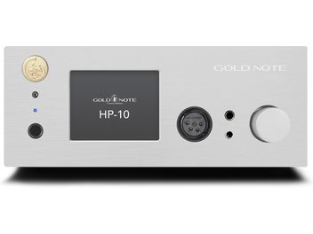 Kopfhörerverstärker High-Fidelity HP-10 Deluxe Silber mit rechteckiger Frontplatte, rundem Drehknopf, Audioanschlüssen und zentralem Display