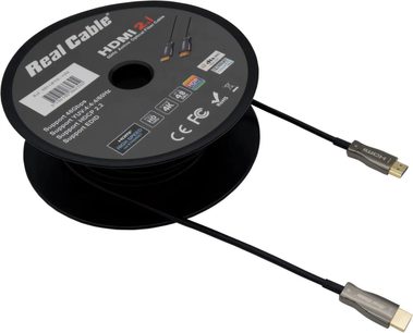Cabo HDMI Real Cable HD-OPTIC 8K de 5 metros enrolado, com conectores visíveis nas extremidades, em carretel preto com etiqueta descritiva