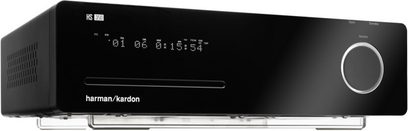 Harman Kardon HS 350 sort hjemmebiografsystem, set forfra, blåt digitalt display, sølvfarvet drejeknap til højre
