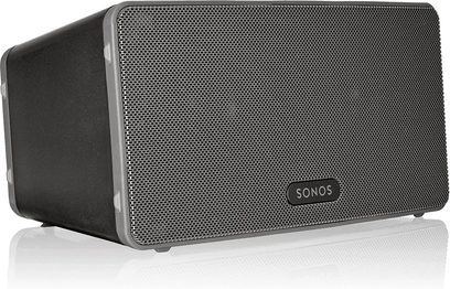Sonose kõlar PLAY:3 must, eestvaade, must restmik, hõbedane Sonose logo, horisontaalne restkülikukujuline kujundus