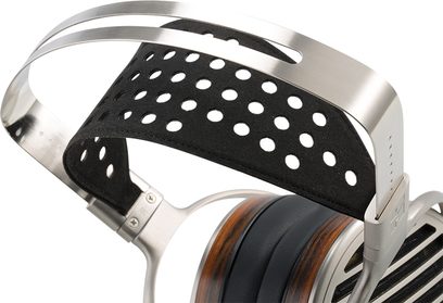 Cască Hifiman Susvara argintie, cușcă metalică, pernuțe ovale negre perforate, traductor circular vizibil