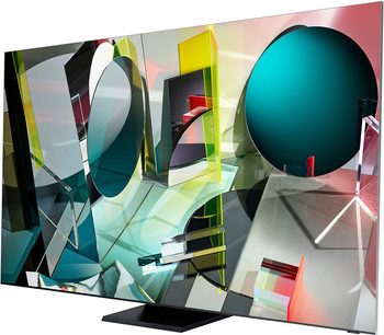 Samsung QE75Q950TS fladskærms-TV, abstrakte geometriske farvede former, set lidt fra siden forfra