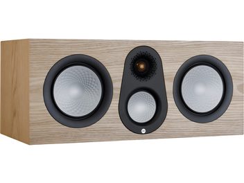 Monitor Audio Silver C250 7G askcenterhögtalare, 3 runda svarta högtalare på ljust träfärgad framsida, vy framifrån