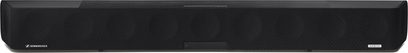 Soundbar Sennheiser AMBEO Soundbar Max nera, vista frontale, griglia metallica forata, display, logo bianco