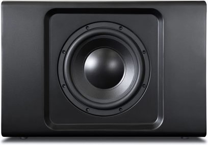 Subwoofer BlueSound PULSE SUB+ nero opaco, vista frontale, altoparlante circolare centrale in un cabinet quadrato nero