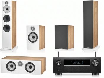 Baltas medžio apdailos Bowers & Wilkins namų kino komplektas su penkiomis kolonėlėmis ir juodu Denon stiprintuvu