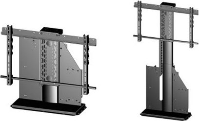 Erard LIFT 2474 vægmonteret TV-beslag i grå metal, set forfra og fra siden, med ledede arme og hylde til udstyr