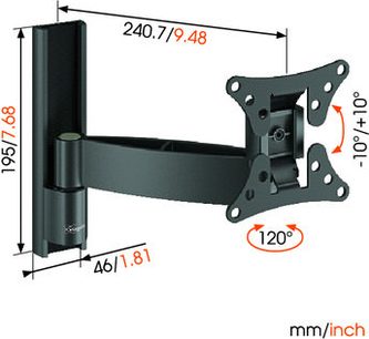 Drejelig og vippelig vægbeslag til fladskærm i sort metal, dimensioner 240,7 x 195,7 x 46/1,81 cm, Vogel's Wall 1025