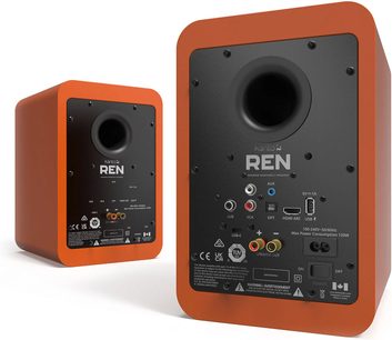 Set aus zwei matten, orangefarbenen Kanto REN Smart-Lautsprechern im Holzgehäuse, Rückansicht in Dreiviertelperspektive mit sichtbaren runden Bassreflexöffnungen und mehreren Anschlussports: RCA, USB-C und HDMI ARC