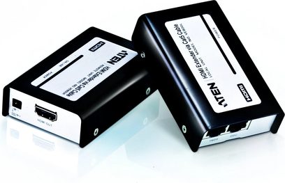 HDMI extender Aten VE800 černý, obdélníkové vysílací a přijímací jednotky s HDMI konektory, pohled zepředu