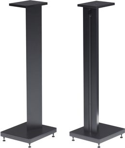 To sorte, rektangulære, lodrette metalstøtter til højttalere fra Highland Audio Stand i sort, med firkantede baser og firkantede overplader