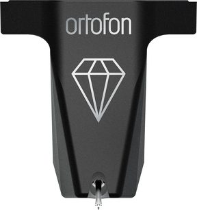 Ortofon MC X30 pickup sedd framifrån, matt svart metallhölje med ortofon-logotyp och silverfärgat diamantmönster i mitten, synlig metallcantilever nedtill