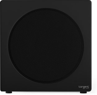 Subwoofer Tangent Spectrum II XSW8 v matné černé, velká kruhová kovová mřížka na čele, čelní pohled