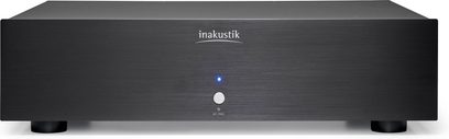 Inakustik AC-3502 strømkonditionering sort med rektangulær sort front, centreret logo, blå indikatorlampe og sølvfarvet cirkulær knap