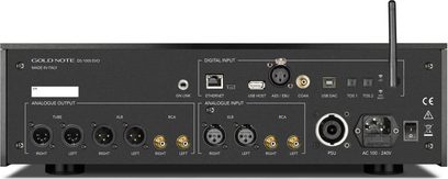 Bagfra-visning af Gold Note DS-1000 EVO netværkslydafspiller, sort bagpanel med flere lydindgange og -udgange