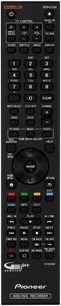 Sort Pioneer fjernbetjening med multifarvede knapper til at styre en Pioneer Blu-ray-optager DVR-560HX