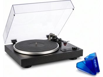 Černý vinylový gramofon Dual CS 518 se zvednutým průhledným krytem a modrým příslušenstvím Ortofon