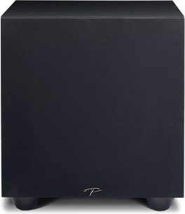 Paradigm Defiance V10 sort satineret baskabinetfrontvisning, kubisk form, mat sort materiale, sølvfarvet logo